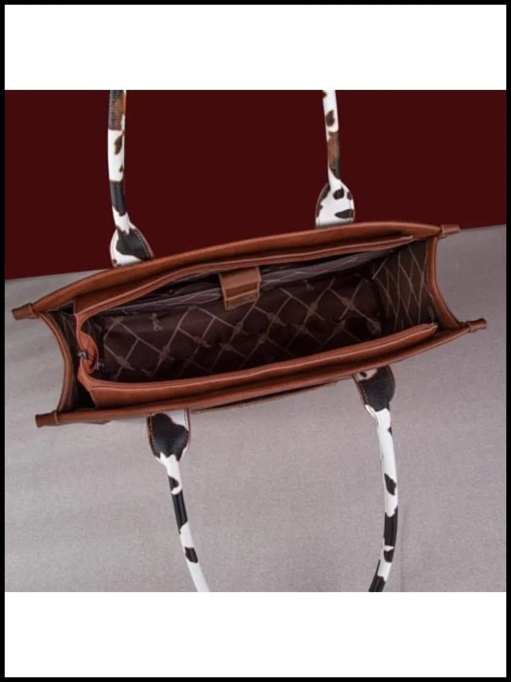 Large Cow Print Tote Bag with Whipstitch Detail Faux Leather Satchel Purse